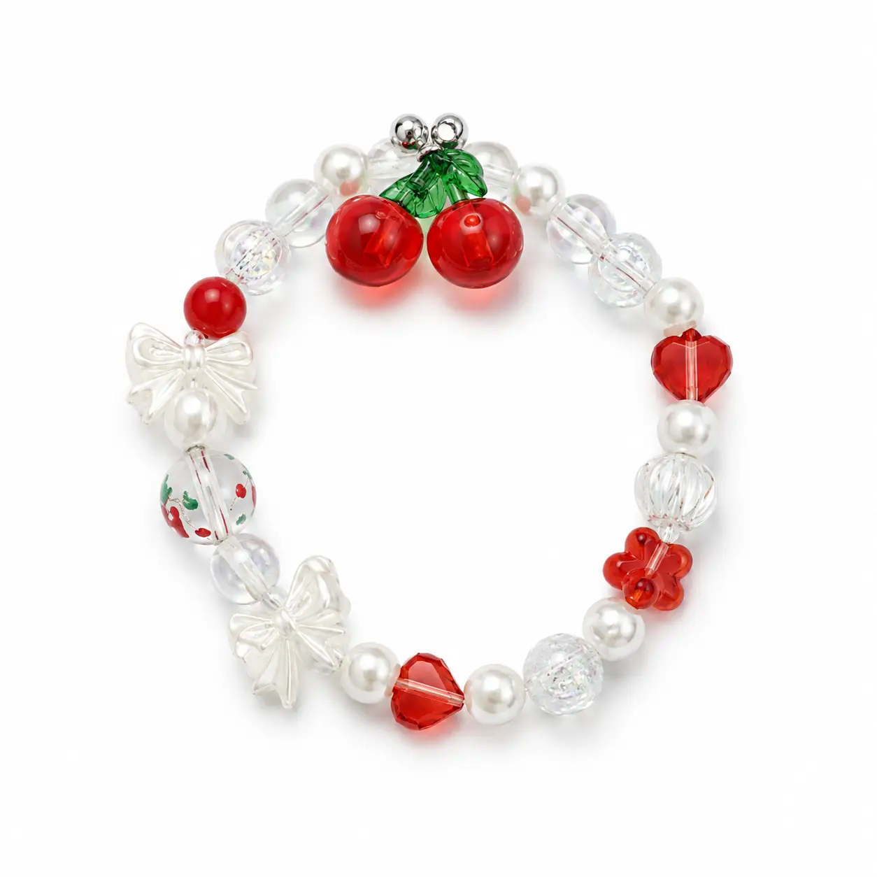 New Cherry-Themed Short Phone Lanyard for Women with Heart-Shaped Bow and Beaded Chain; Phone Case Strap; Handmade Cherry Beaded Bracelet