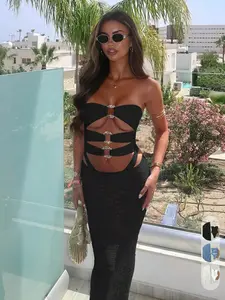 New Spring/Summer Women's Fashion Elegant Sexy Hollow Out Bandeau One-Piece Swimwear With Lace Skirt Set, Beach Holiday Essential