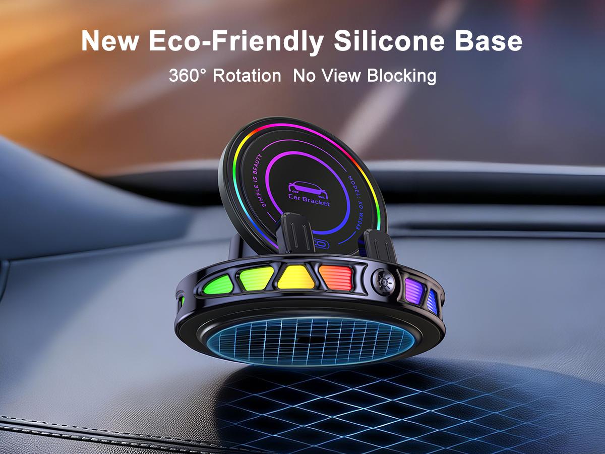 15W 360° Rotating Wireless Car Charger Phone Mount with Ambient RGB Light, Adjustable Suction Cup Holder for Dashboard & Windshield
