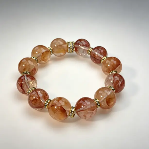 14mm Fire Quartz Beaded Bracelet for Adults, Round Untreated Stone with Fiery Inclusions, Stretch Fit for Vitality & Manifestation, Entrepreneurs, Lightweight, Unisex, Natural Quartz, Flame Inclusions, Elastic Bands, Untreated Quartz