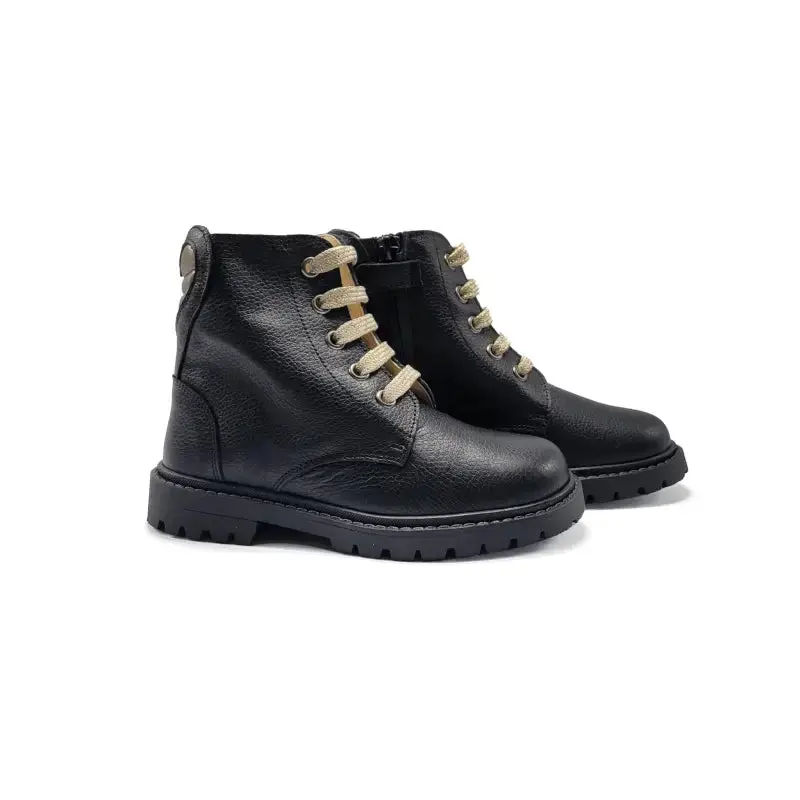 Andanines Black Leather Gold Heart Combat Bootie