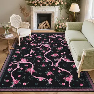 GARVEE Modern Bowknot Printed Area Rug for Bedroom, Living Room, and Bathroom - Soft, Low Pile, Washable, Foldable, Non-Shedding Carpet in 10x13 ft Black for Indoor Room Decor