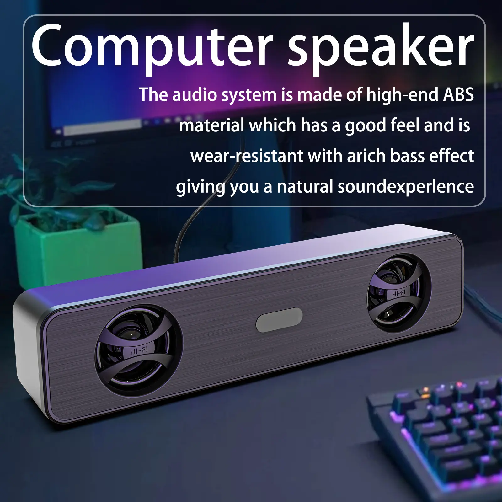 USB-powered long speaker, loud dual speakers, support AUX input, compatible with a variety of devices, smart phones, tablets, desktops, MP3 MP4, meet the office meeting and home entertainment.