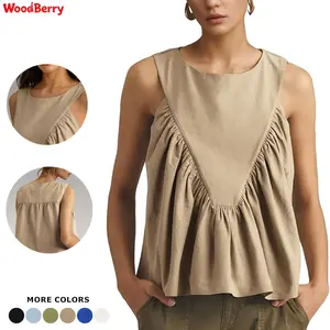 Woodberry Women's Basic Crew Neck Plain Sleeveless Peplum Tank Top, Loose-Fit Swing Blouse with Back Buttons, Ruffled Casual Shirt,summervibes