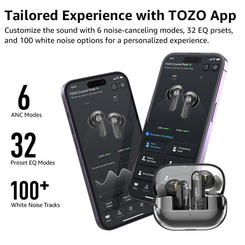 TOZO-Crystal Pods Hybrid Active Noise Cancelling Wireless Earbuds, Dual Mics ENC AI Clear Calls, Bluetooth 5.4 in Ear Headphones, 35H Long Playtime, IPX5 Waterproof Headset Black Charging Audio Electronic Connection Custom Stereo Chargeable TOZO-Crystal Pods Hybrid Active Noise Cancelling Wireless Earbuds, Dual Mics ENC AI Clear Calls, Bluetooth 5.4 in Ear Headphones, 35H Long Playtime, IPX5 Waterproof Headset Black Charging Audio Electronic Connection Custom Stereo Chargeable