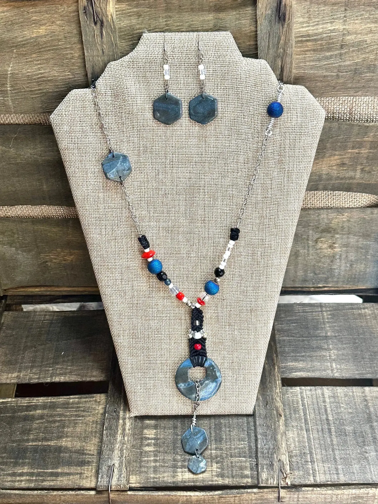 Handmade Clay Pendant Beaded Necklace and Earrings Set