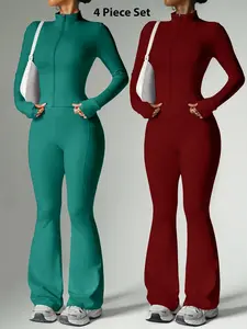 Women's 2-Piece Long Sleeve Top & Pants Loungewear Set Stand Collar Zip-Up Jacket Flared Wide-Leg Pants Butt-Lifting Slim Fit Comfortable Casual Versatile Stylish Ladies Pajama Pjs Set Suitable for Outings Vacations Gatherings Luxury Travel Womenswear