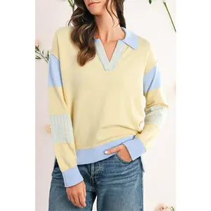 Limoncello Sky Blue Striped Patchwork Collar Sweater