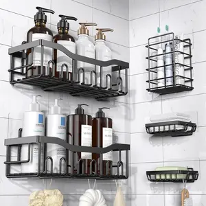 EUDELE Adhesive Shower Caddy Set, 5-Pack Rustproof Stainless Steel Bath Organizers with Large Capacity, Waterproof Hollow No-Drilling Shelves for Bathroom Soap, Toothbrush Storage & Home Decor