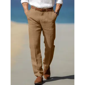 Plus Size Men's Lightweight Slim Fit Straight Leg Pants - Light Brown Solid Color, Business Casual Trousers with Button Closure, Machine Washable All-Season Comfort for Summer Outdoor & Daily Wear, Durable Fabric Trousers, PLUS SIZE Menswear Polyester
