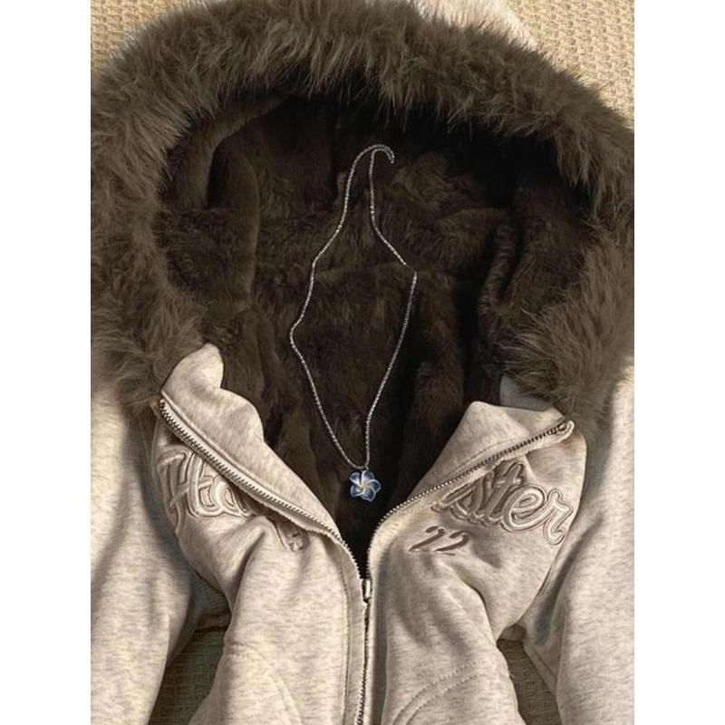 Y2k Aesthetic Vintage Fur Patchwork Hoodies Autumn Grunge Letter Embroidery Hoody Streetwear Cropped Zipper Sweatshirt Jackets