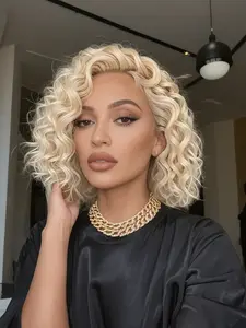 10 Inch Blonde Curly Human Hair Wig for Women Natural Short Bob Wig with Lace Front Realistic Lightweight Comfortable Breathable Easy to Wear and Style Perfect for Daily Use Work Party Travel Shopping TikTok Hot Selling Wig Trendy Blonde Curly Hairstyle
