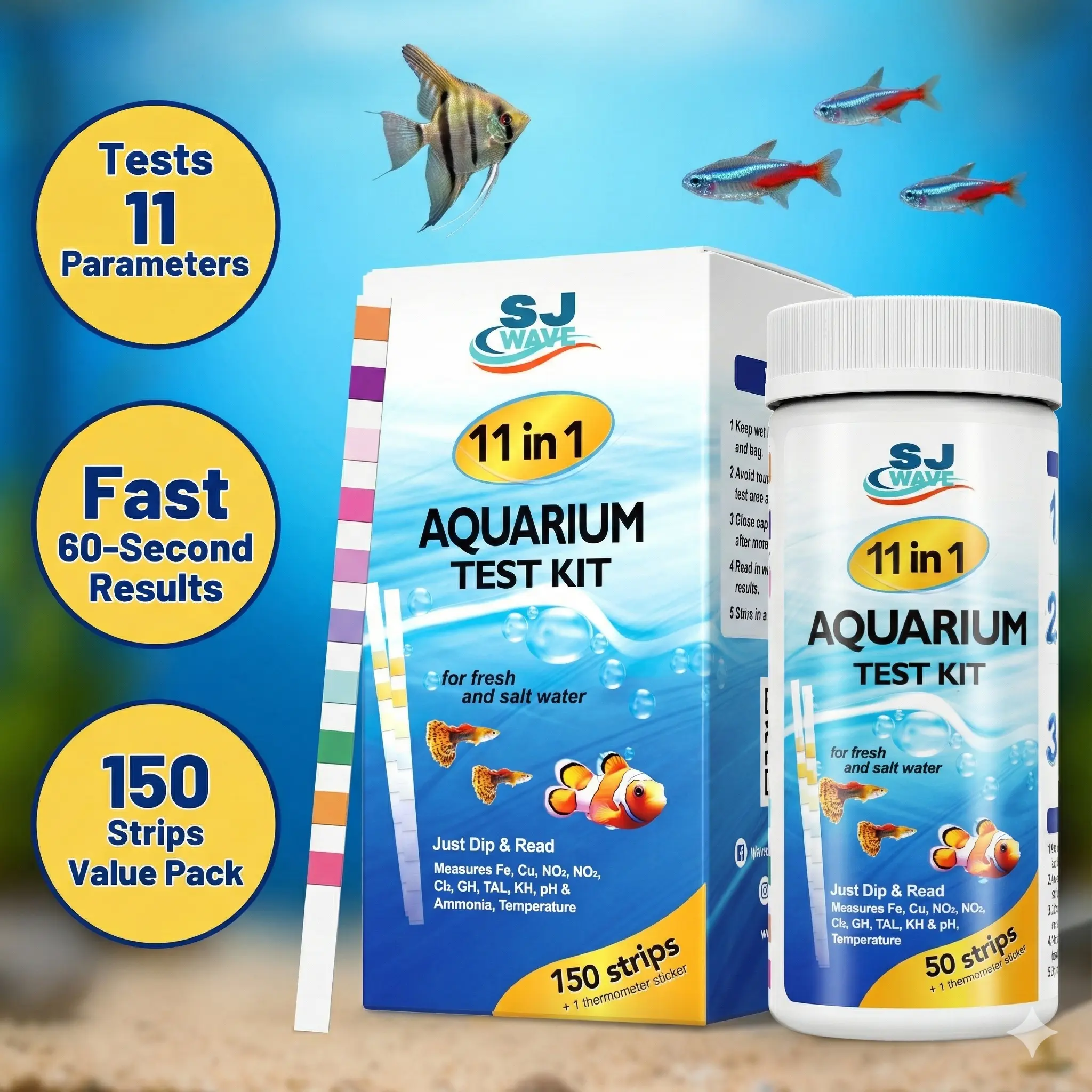 SJ Wave 11-in-1 Aquarium Test Kit, 150 Strips for 950 Tests with Thermometer for Accurate Temperature Monitoring, Comprehensive Water Analysis for Freshwater & Saltwater, 50 Ammonia Strips, Easy to Use