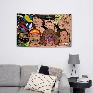Retro Pro Wreesling Legends Cartoon Flag Tapestry, 80s 90s Sports Entertainment Decor For Men Boys Fans, 3x5 Feet Indoor Wall Decor, Man Cave Gift Idea | 020426.R0736.ID01