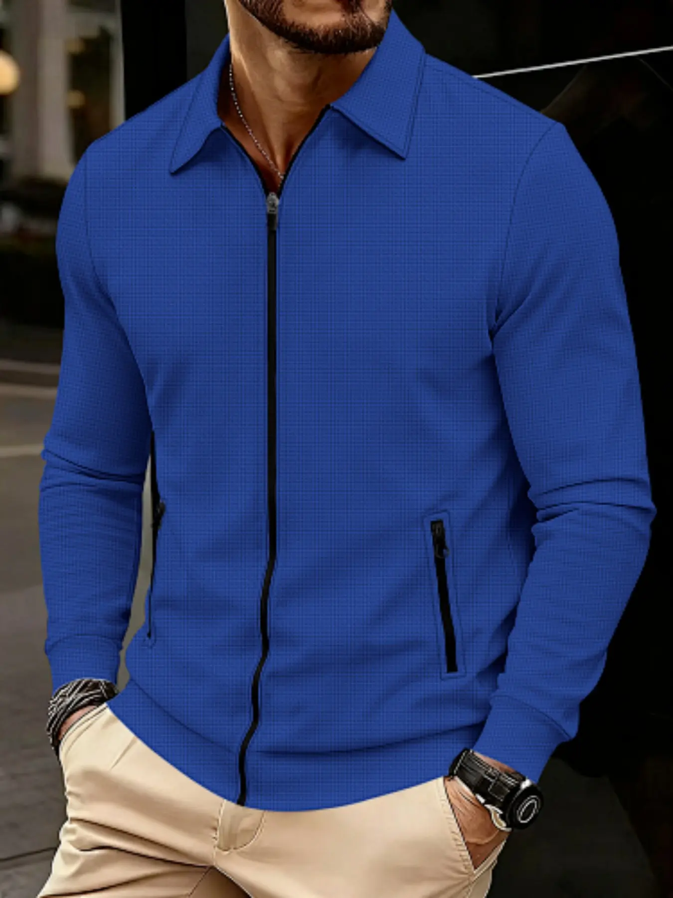 Men's Spring Summer New Long Sleeve Button-Down Waffle Knit Jacket, Casual Regular Fit Outerwear, Fashionable Men's Clothing