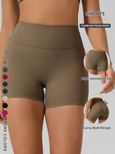 Women's High-Waisted Yoga Shorts, Quick-Dry Sportswear, Breathable Running Fitness Pants, Side Pockets, Soft Polyester Spandex, Size Up Recommended