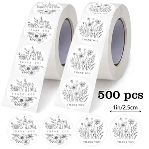 500 Pcs/Roll Adhesive Floral Stickers, Hand-Drawn Flower Roll, Thank You Seals for Weddings, Birthdays, Gifts, Envelopes, Baking Decorations