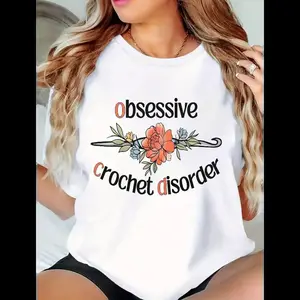 [100% Cotton] [Funny Crochet Lover Tee] Women'S "Obsessive Crochet Disorder" Funny Floral Graphic Tee - Lightweight Crochet Lover T-Shirt For Crafting Parties & Yarn Crafters |       Spring/Summer/Fall Casual Shirt |       Orange T Golf Gift T-Shirt For M