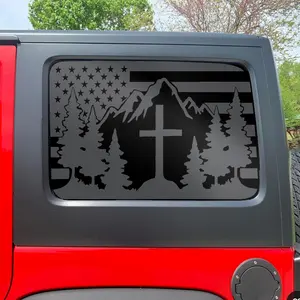 for Jeep Wrangler JLU 4-Door 2018-2025 Rear Side Window Mountain Christian Cross Flag Decals, 2PCS Matte Black Faith USA Flag Vinyl Stickers, Patriotic SUV Truck Window Graphics Exterior Accessories