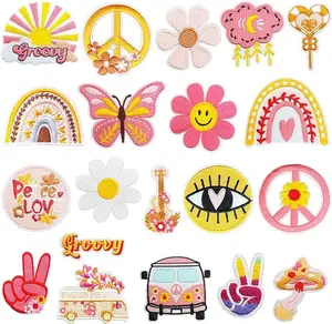 20Pcs Groovy Retro Hippie Iron on Patches Vintage Boho Peace Sign Patch for Clothing Backpacks Jeans Jackets Hats Sew on Embroidered Applique