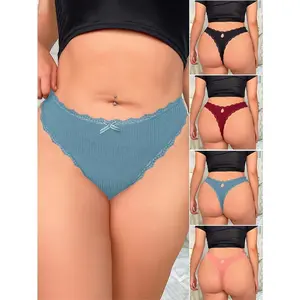 4-Pack Women's Lace Panties - Breathable, Seamless, Plus Size Underwear, Various Colors, with Decorative Bow Detail, Plus Size Panties Piece Nylon Blue Womenswear Style Fabric Elastic Knitting Medium Solid
