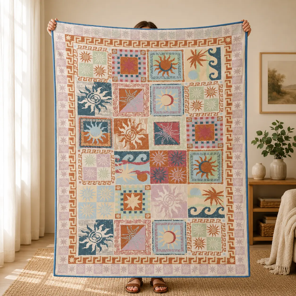 Boho Sun & Sea Flannel Throw Blanket, Vintage Patchwork-Inspired 2D Printed Blanket, Mediterranean Coastal Tile Design, Soft Cozy Lightweight Blanket for Bedroom Couch Dorm Travel Home Decor