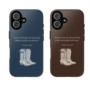 Christian Bible Verse Cowboy Boots Tough Phone Case – Micah 4:5 & Psalms 128:1 KJV, Vintage Western Aesthetic, Aesthetic Protective Phone Cover,It's compatible with iPhone 17, 16, 15, 14, 13, 12, 11, X, and Samsung models. A perfect gift for friends