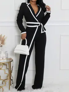 Women's Patchwork Print Belted Overalls Jumpsuit, Elegant Fitted Long Sleeve Jumpsuit for Work Office Business, Ladies Fall & Winter Clothes