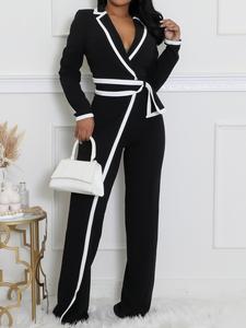 women's patchwork print belted overalls jumpsuit, elegant long sleeve jumpsuit for work office business, ladies fall & winter clothes