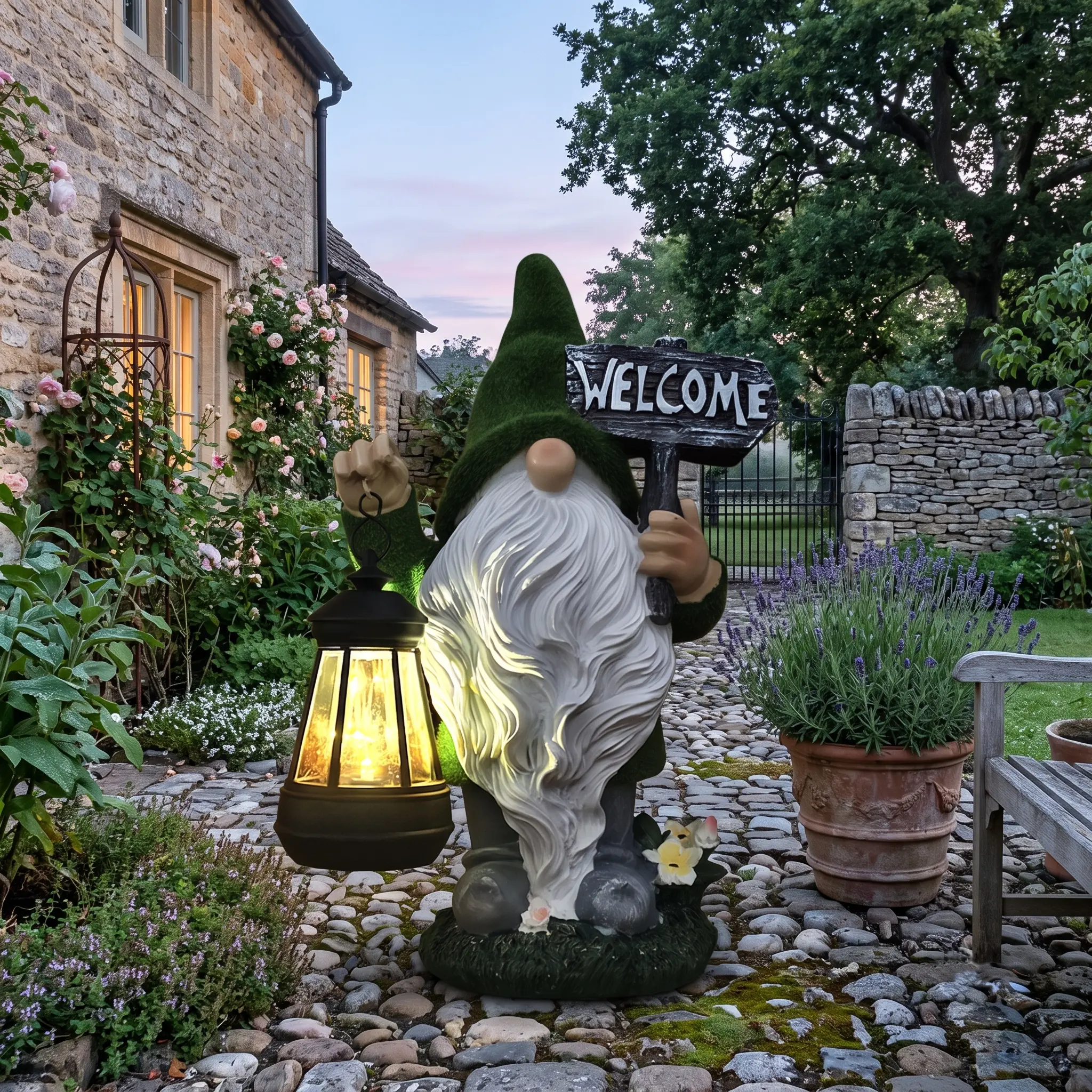 Solar Garden Gnome Statue, Flocked Moss LED Light-Up Resin Lantern, Welcome Sign Sculpture for Patio Pathway, Unique Fairy Garden Housewarming Gift for Mothers