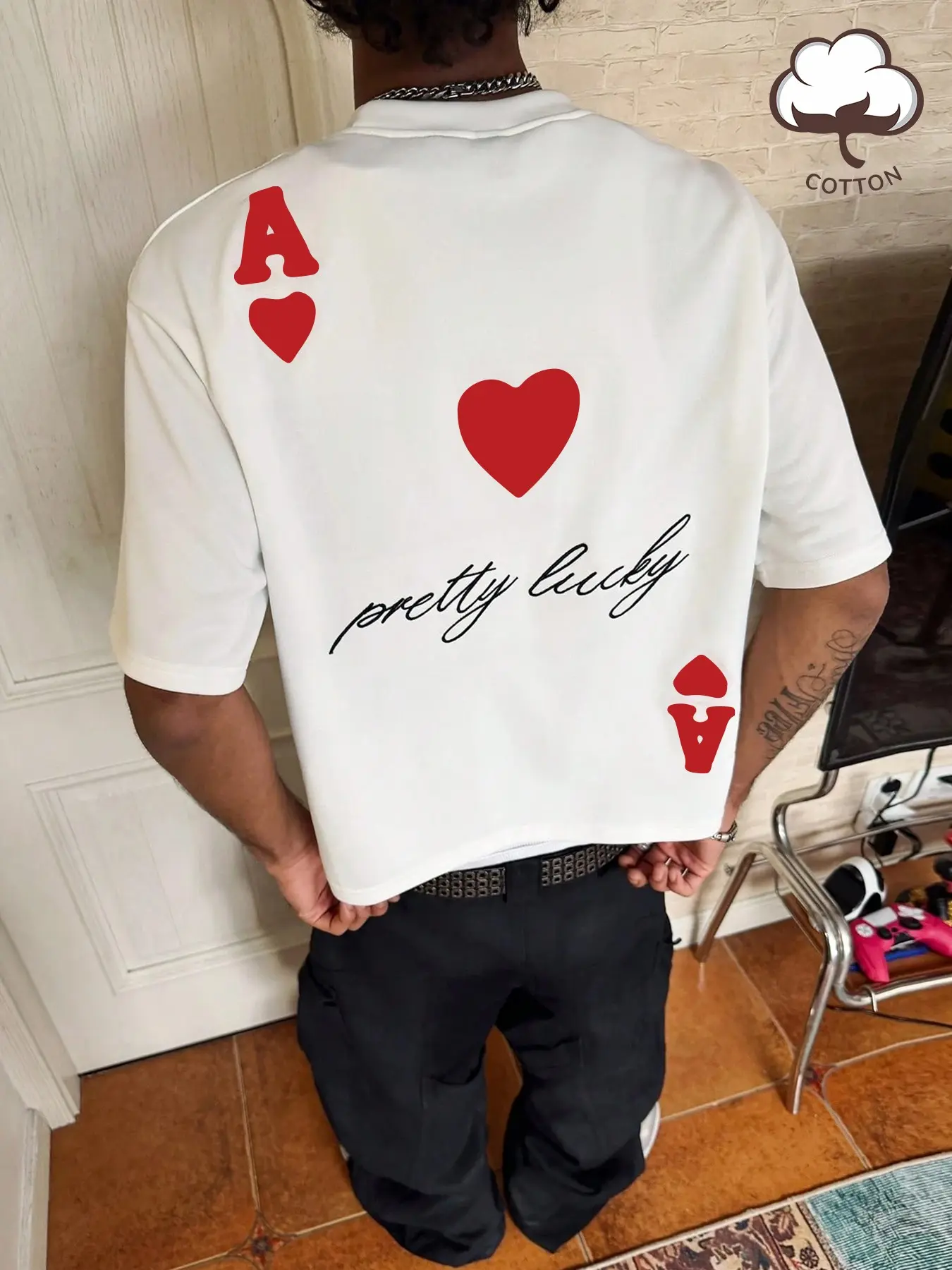 Valentine's Day 1 Piece Unisex “Ace Of Hearts” & “Pretty Lucky” Graphic Tee, Streetwear Style Casual T-Shirt, Soft Cotton For Daily Wear And Urban Fashion Enthusiasts, Menswear