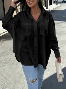 Plus Size Solid Color Button-Down Shirt – Casual Loose-Fit Long-Sleeve Pocket Blouse, Trendy Street Style Outfit, Summer Beach Cover-Up, Daily Office Layering Top, Y2K Aesthetic Clothes, Matching Ripped Jeans