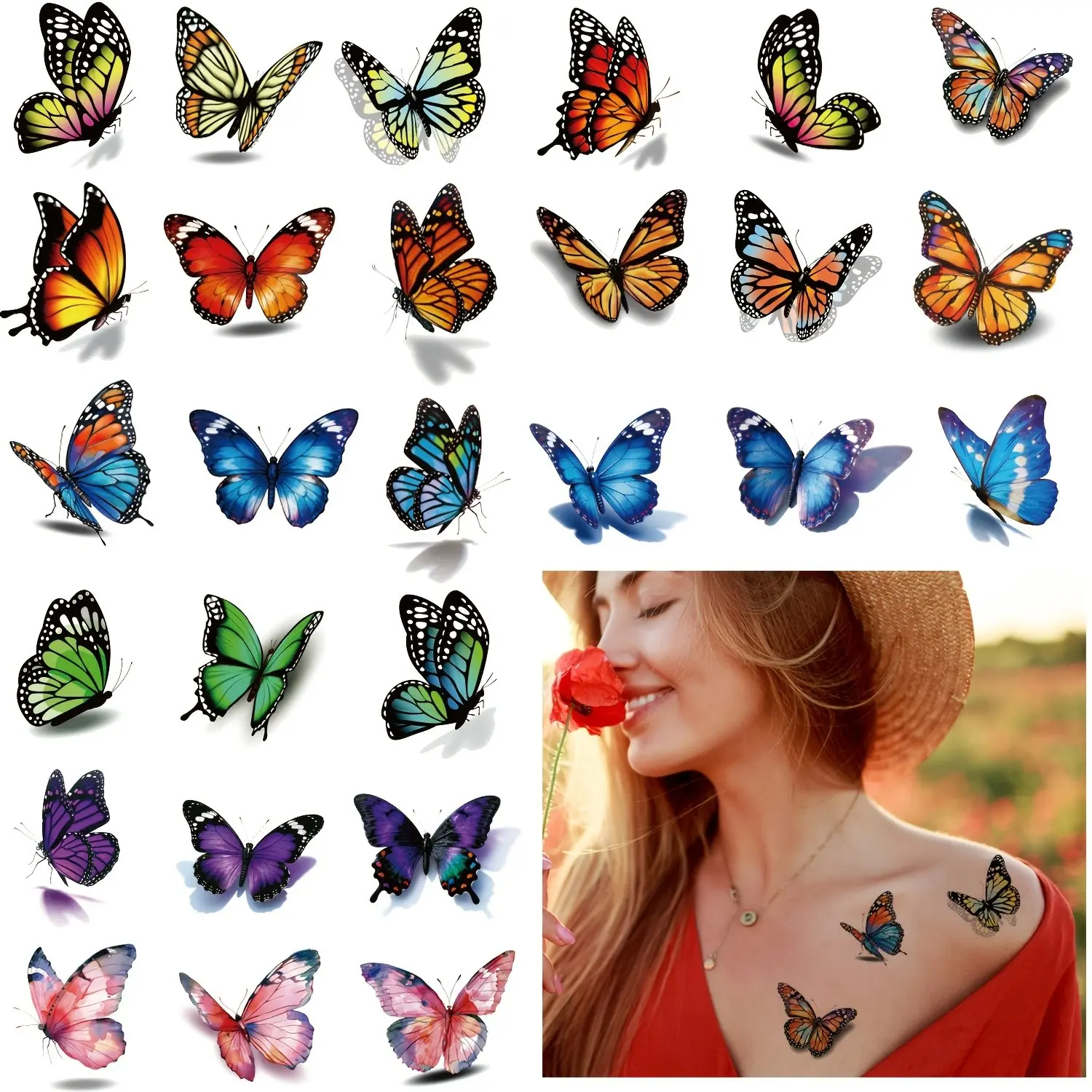 10 Sheets Flying Butterfly 3D Temporary Tattoos, Colorful Body Art Stickers, Fake Tattoos for Women, Waterproof Realistic Tattoos, Waterproof and Easy to Remove, Ephemeral Tattoos