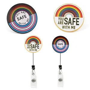 Safe with Me Badge Holder Clip, Rainbow Metal Design, Expandable ID Holder for Nurses Doctors Office Staff Social Workers