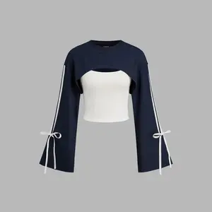 Cider Side Striped Bowknot Sweatshirt & Solid Cropped Cami Top