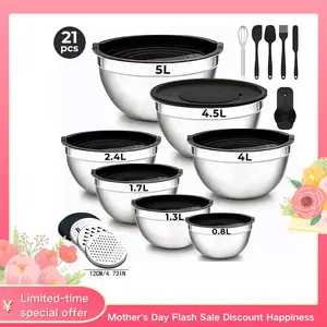 21-Piece Mixing Bowls Set with Airtight Lids – 7 Stainless Steel Kitchen Bowls , 3 Grater Attachments, Multifunctional , Perfect for Baking & Serving