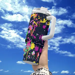 Neon Paint Splatter 40oz Tumbler with Handle & Leakproof Flip Straw - Fits Car Cup Holder, Keeps Ice All Day, Viral Gift for Boyfriend & Teens