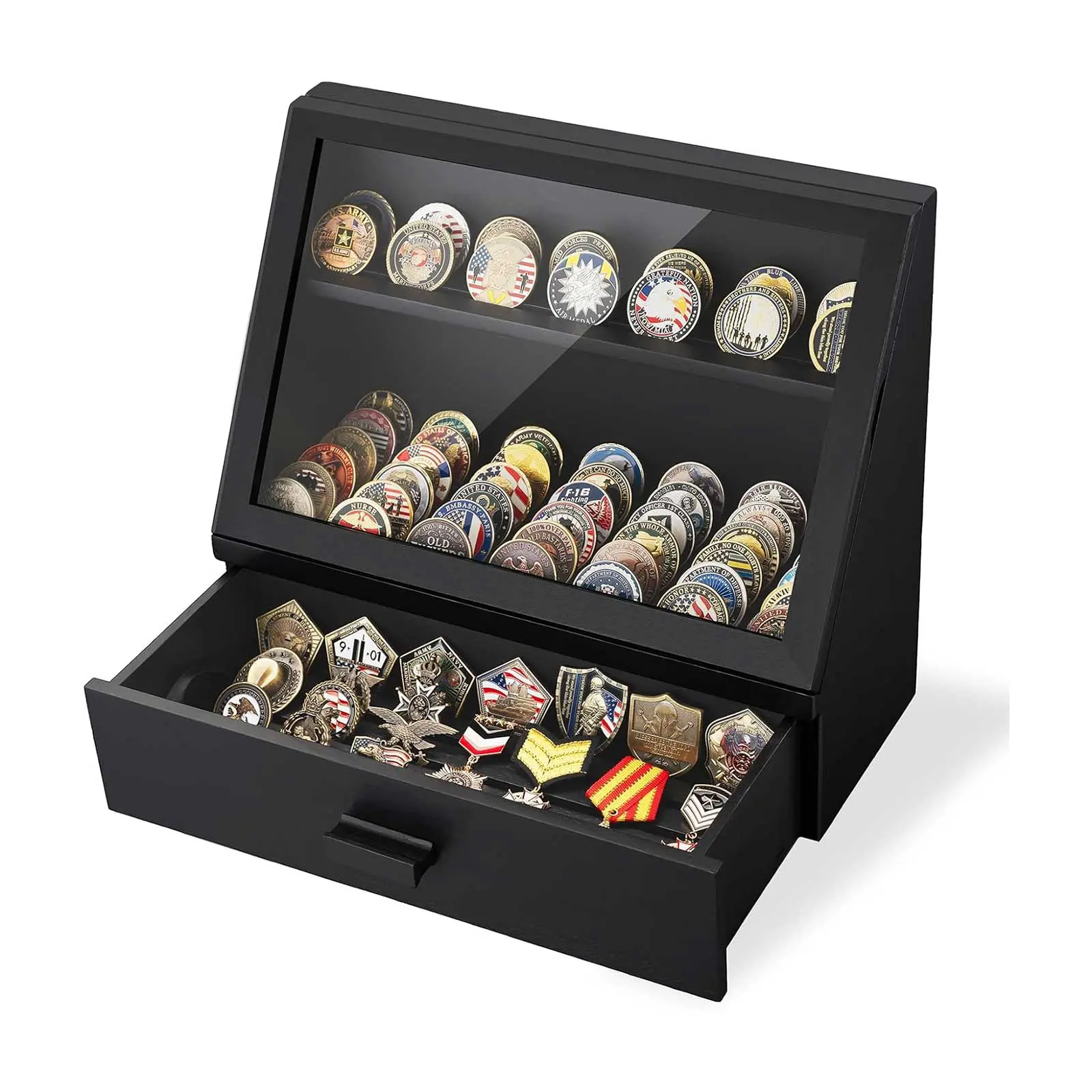 Challenge Coin Display Case, 13 Rows Solid Wood Military Coin Holder Display Stand, Holds up to 100 Coins or Medals, Clear Acrylic Cover with Drawer for Collectors (Black)