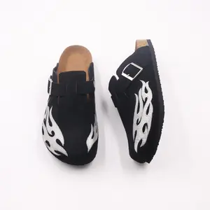 Men's Backless Suede Mules Flame Embroidery Cork Footbed Casual Daily Clogs