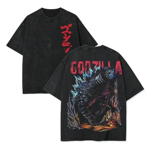 Men's Godzilla Blue Neutron Kaiju Figure Graphic Crew Neck T-Type T-Shirt - Heavy Cotton, Oversized, Vintage Washed, Double-Printed, Short-Sleeve, Unisex Casual Sport Top for Daily Wear, Gym Workouts