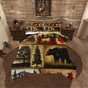 Rustic Farmhouse Bedding Comforter Sets Queen, Cabin Bedding Set, Hunting Bear Wildlife Comforter for Bedroom, Maple Leaves Duvet Insert, Woodland Rustic Bedding All Season, Red Brown