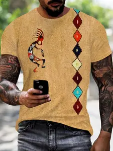 Indian Kokopelli Totem Print T-Shirt, Ethnic Style Short Sleeve, Fashionable Comfort Design, Perfect for Daily Wear, Ideal Gift Choice