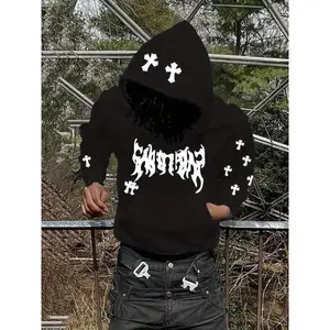 Gothic Letter And Cross Graphic Print, Men's Pullover Long Sleeve Hoodie, Versatile Hooded Sweatshirt With Kangaroo Pocket For Autumn & Winter Daily Wear