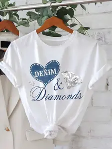 [Printed Pants - Not Denim Fabric]1pc Women'S Imitation Denim Heart And Diamond Pattern Round Neck Short Sleeve T-Shirt, Women'S Casual Fashion Top, Fashion Women'S Clothing, Holiday Gift, Birthday Gift