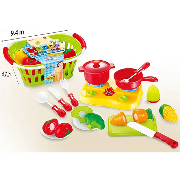 Kitchen Cutting Food Playset for Kids | Includes Vegetables, Fruits, Cooking & Eating Utensils | Comes with Portable Storage Basket