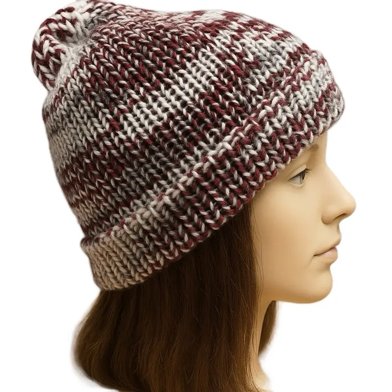 Knitted Beanie Maroon Cream Black - Simple Knitted Hat in Maroon Cream and Black Colors