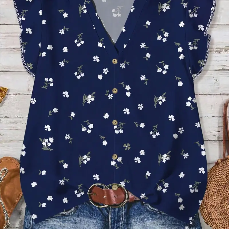 Boho Style Women's Shirt, Boho Chic Blouse, Blue V-Neck Regular Top, Floral Print Ruffled Sleeves, Summer Fashion, Casual, Loose-Fitting, Ladies' Clothing, Blouse Shirts, Boho Blouses, Womenswear