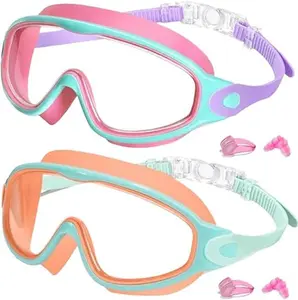 Kids Swimming Goggles Anti-Fog Wide Vision, 2 Counts/set Goggles with Earplugs, Comfortable Silicone Material for Boys & Girls, Diving Swimming Goggles for Pool Beach Training Water Sports Use