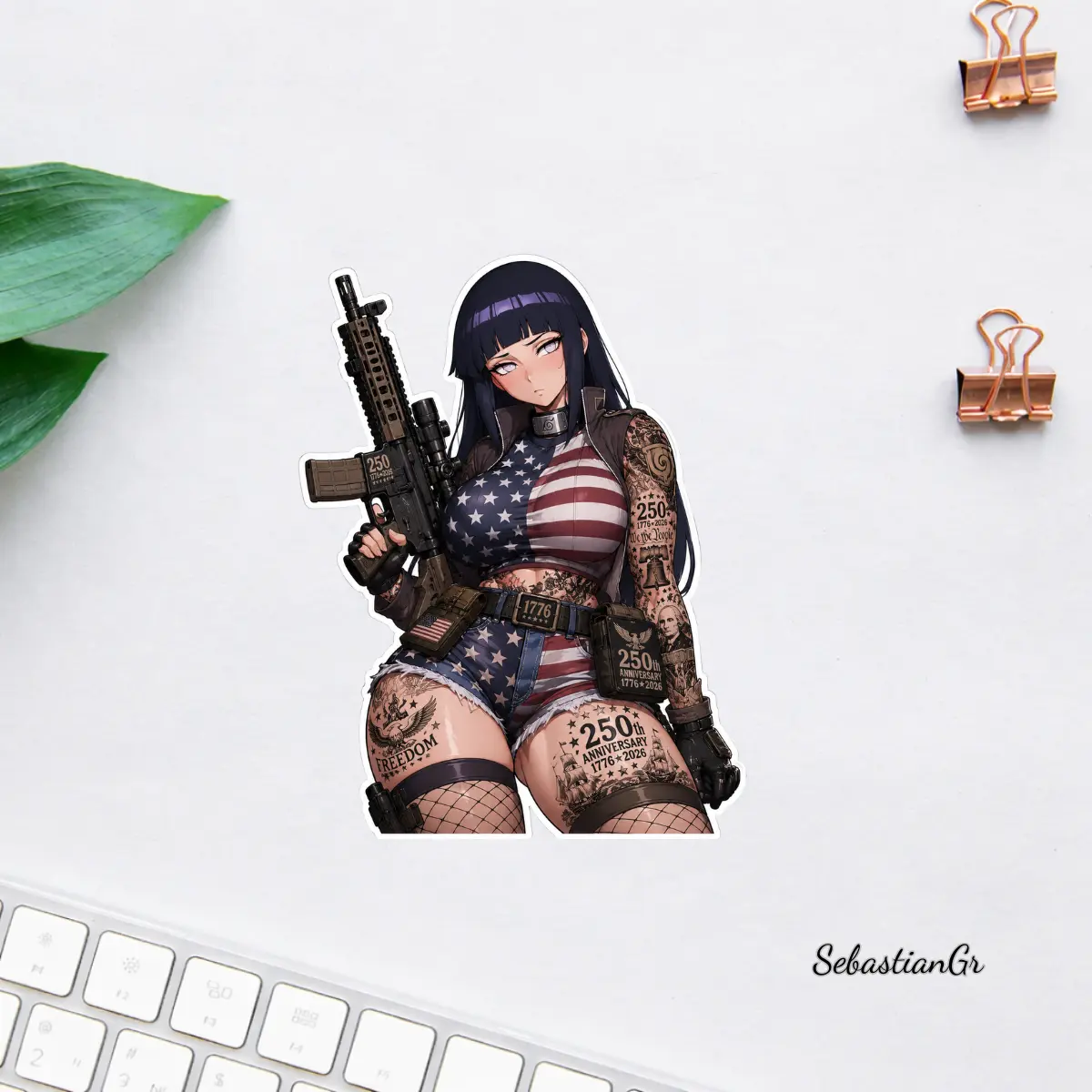 Hinata Hyuga Patriotic Anime Sticker, Naruto Waifu 250th Anniversary Freedom Decal, USA Flag Tactical Vinyl Sticker