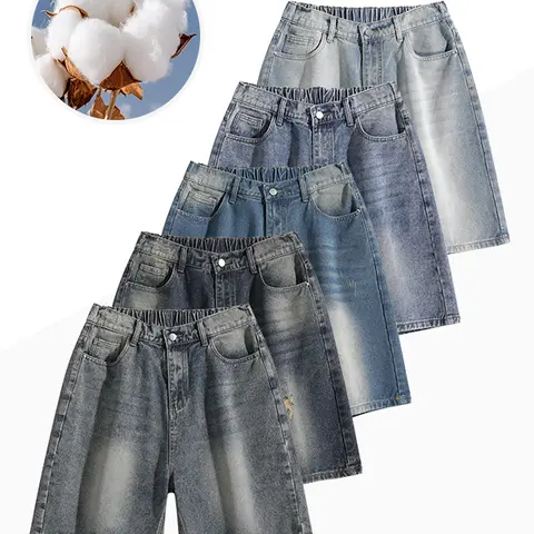 Men’s cotton-blend wrinkle-resistant washed denim bermuda shorts, half elastic waistband, multiple pockets, loose fit, versatile summer casual shorts